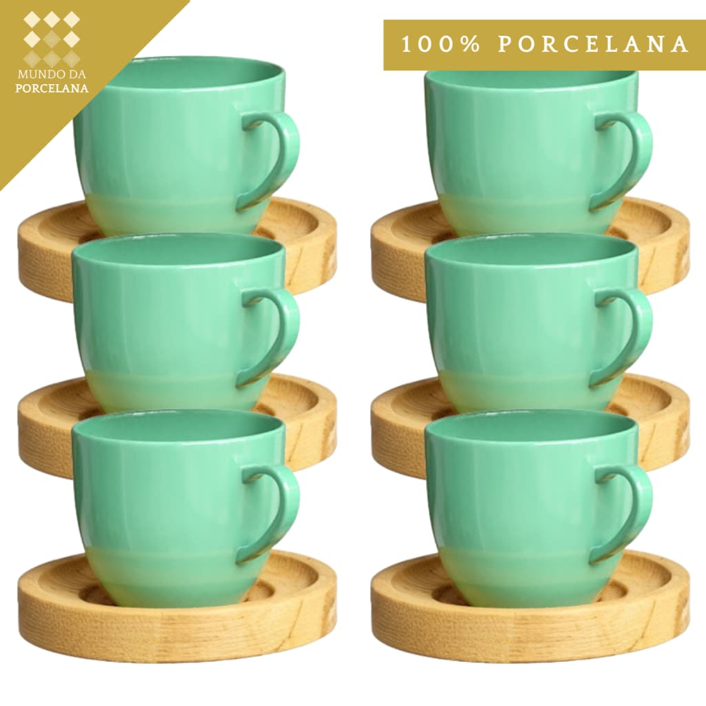 Xicara De Café Com Pires Kit De Xicaras Chá Porcelana Verde 170ml