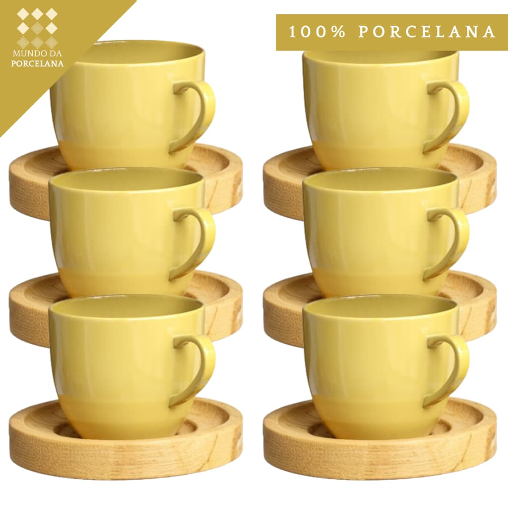 Xicara De Café Com Pires Kit De Xicaras Chá Porcelana Amarela 170ml