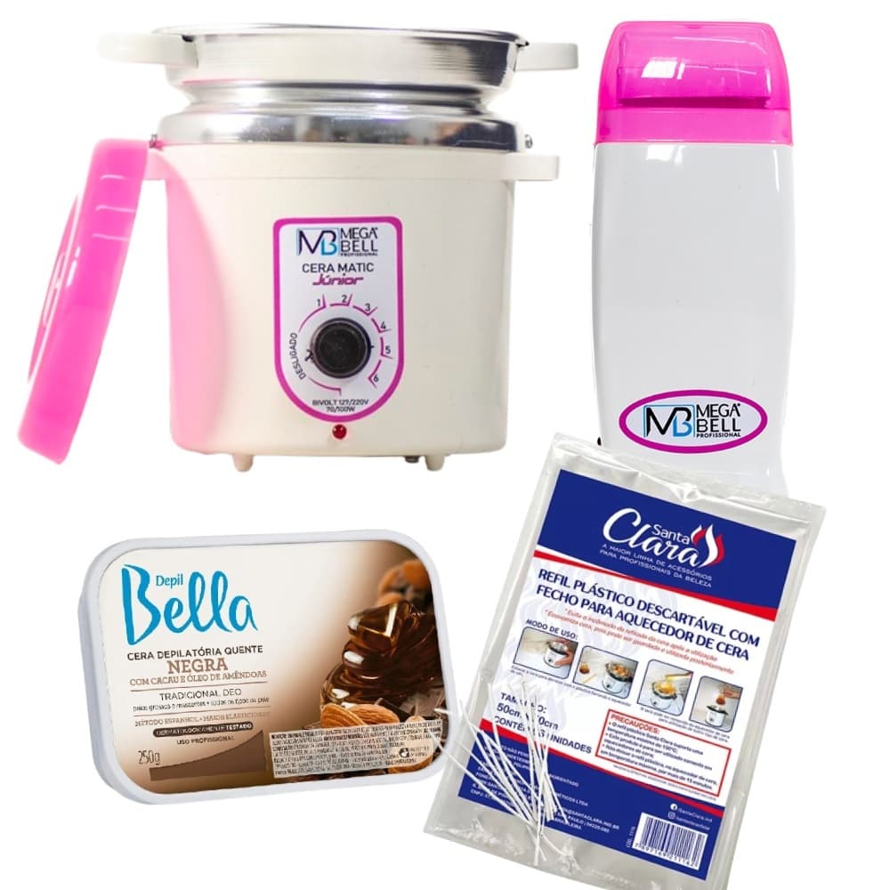 Kit Termocera 400g Branca com Rosa + Roll-on + Refil Plástico + Cera em barra 250g