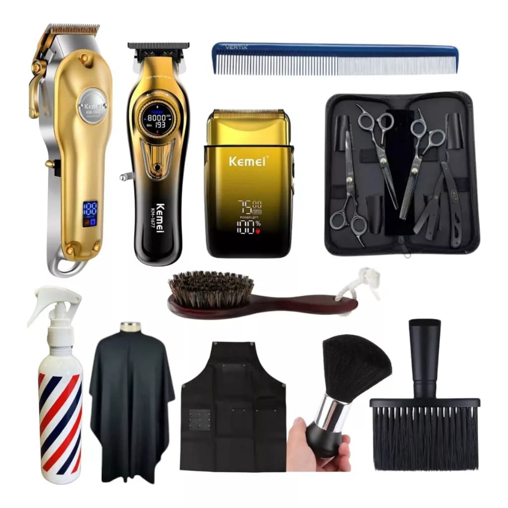 Kit Completo Profissional Tesoura Navalha com Estojo + Kemei 3 Máquinas Cortar Cabelo Barba P/ Barbeiro Barbearia Shaver