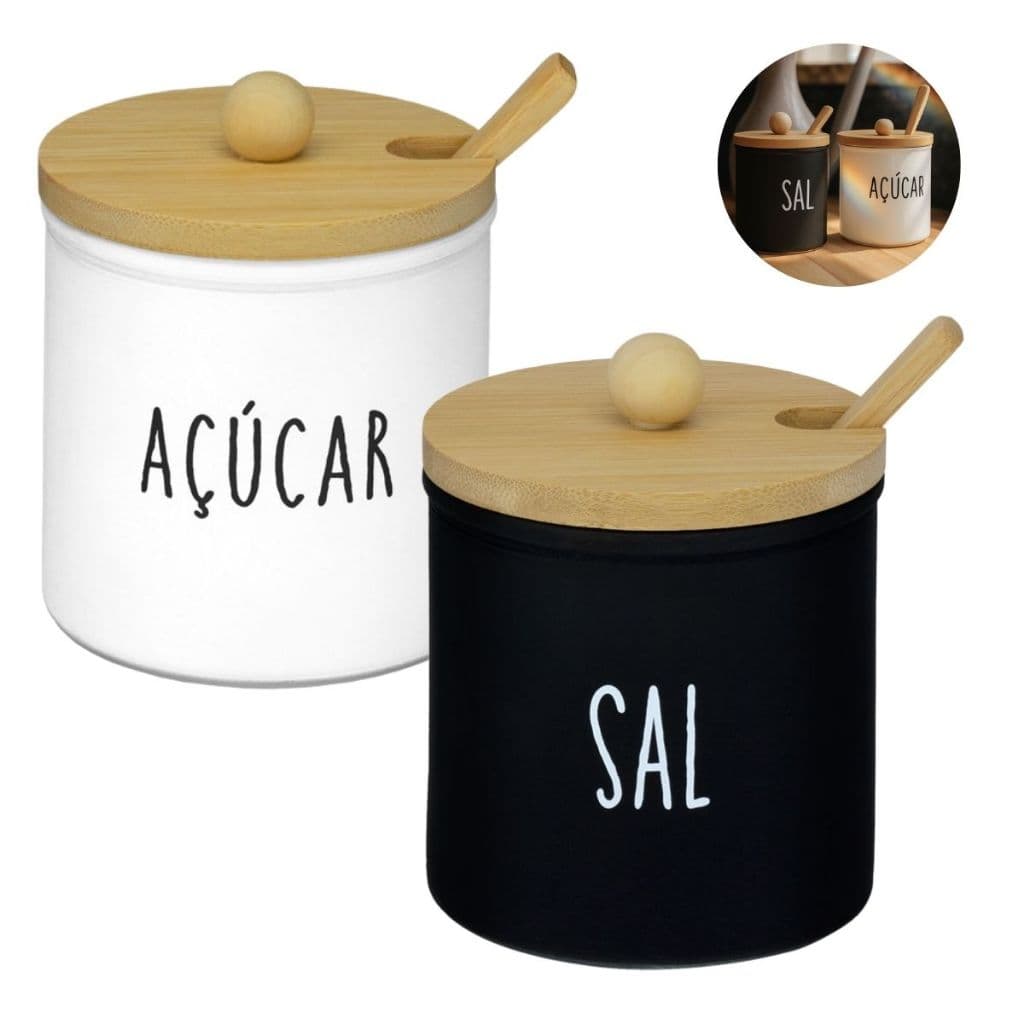 Porta Condimentos Saleiro Açucareiro 300ml Com Tampa e Colher de Bambu