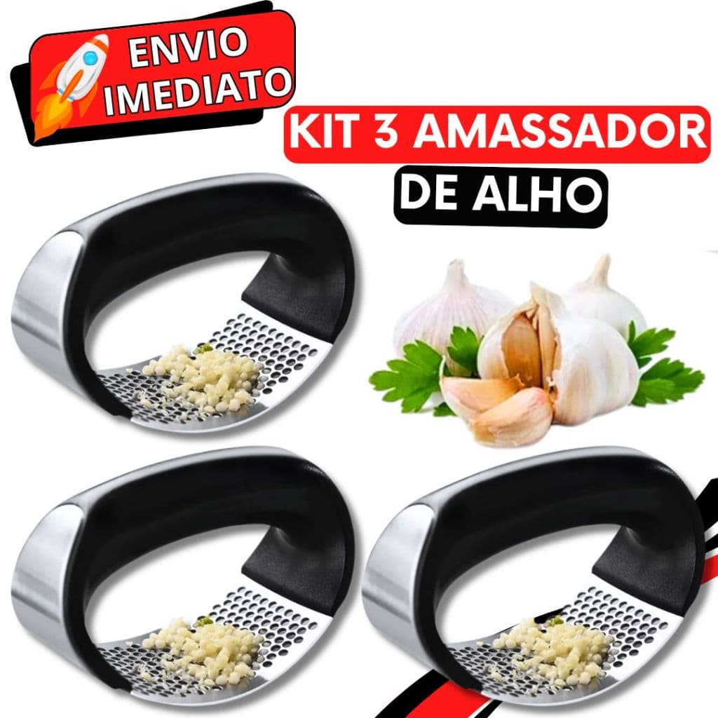 KIT 3 Triturador Amassador de Alho Batata Legume Cebola Inox Manual Prático Multiuso Universal Super Resistente