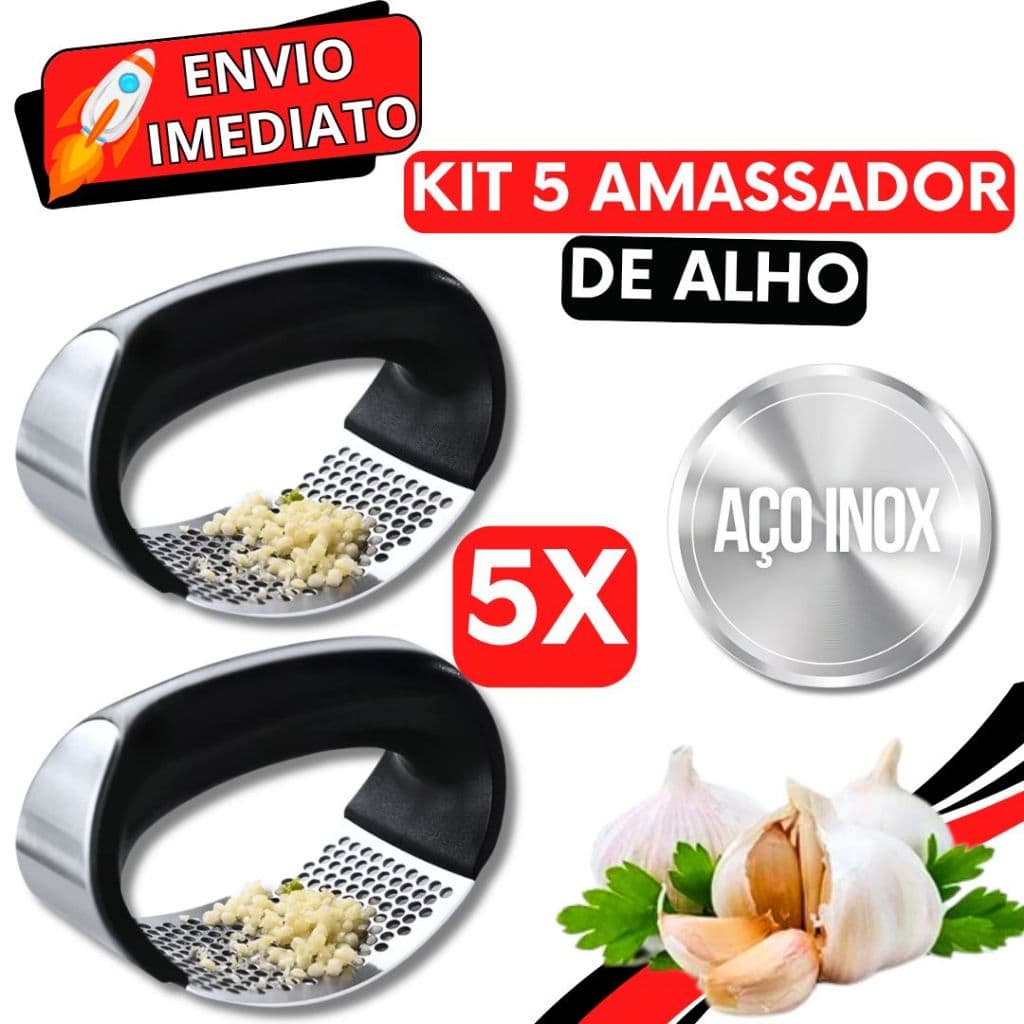 KIT 5 Triturador Amassador de Alho Batata Legume Cebola Inox Manual Prático Multiuso Universal Super Resistente