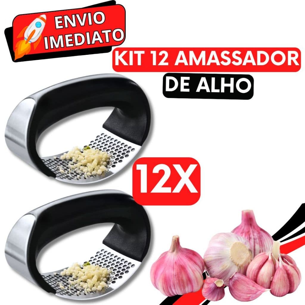 KIT 12 Triturador Amassador de Alho Batata Legume Cebola Inox Manual Prático Multiuso Universal Super Resistente
