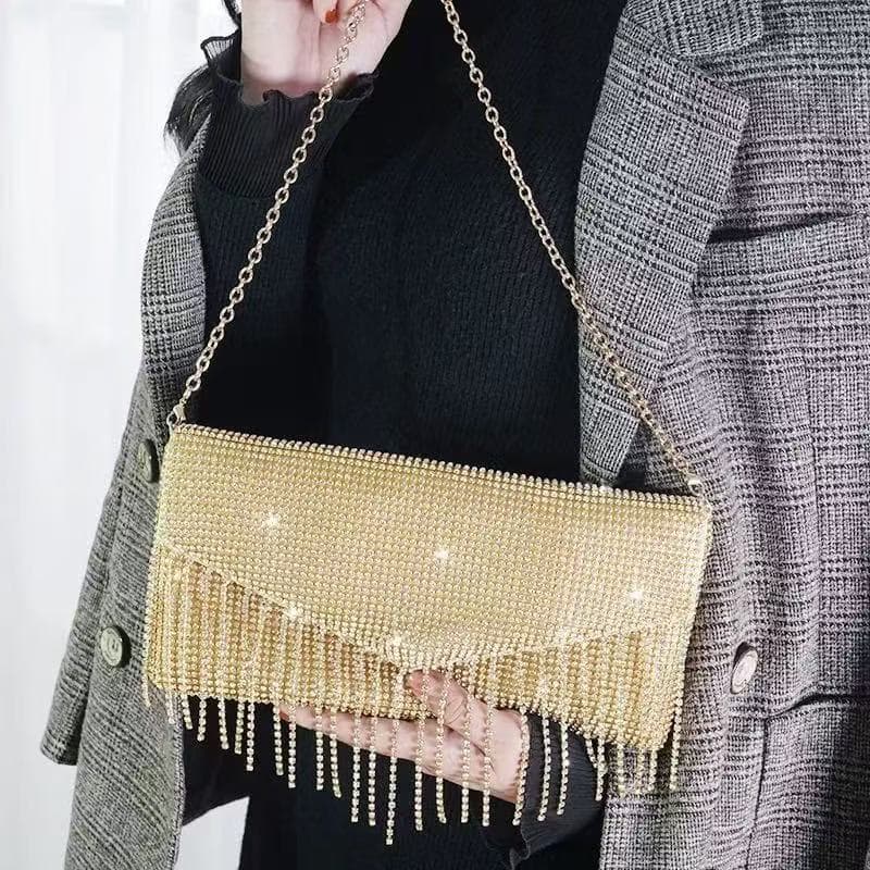 Bolsa clutch luxuosa, também pode ser usada transversalmente, duas alças de ombro, incrustada com cristais brilhantes, a