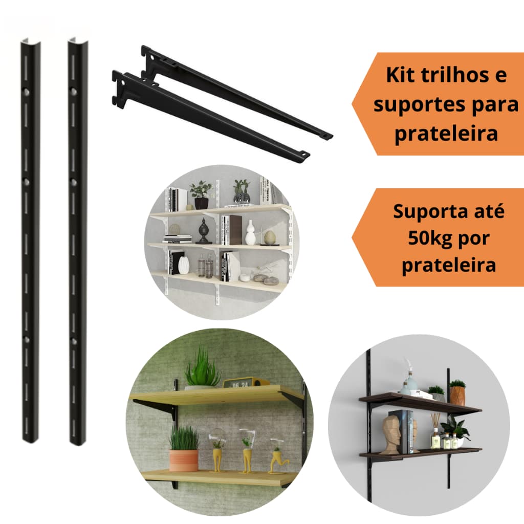 Kit Prateleira Parede 4 Trilhos 1m e 12 Suportes com Aba Estante Cremalheira 20cm 25cm 30cm 35cm 40cm
