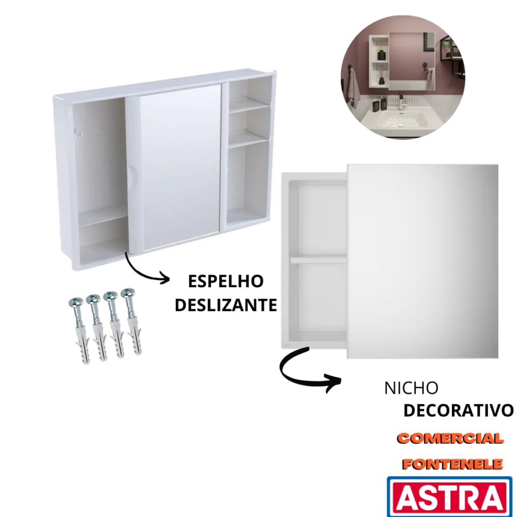 Armário de Banheiro Com Espelho e Porta de Correr Plástico / Armario Decorativo com nicho- Astra