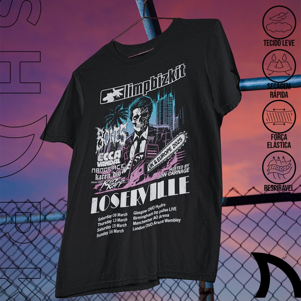 Camiseta Basica e OVERSIZED Limp Bizkit Loserville World Tour Rock Vintage 90s Unissex