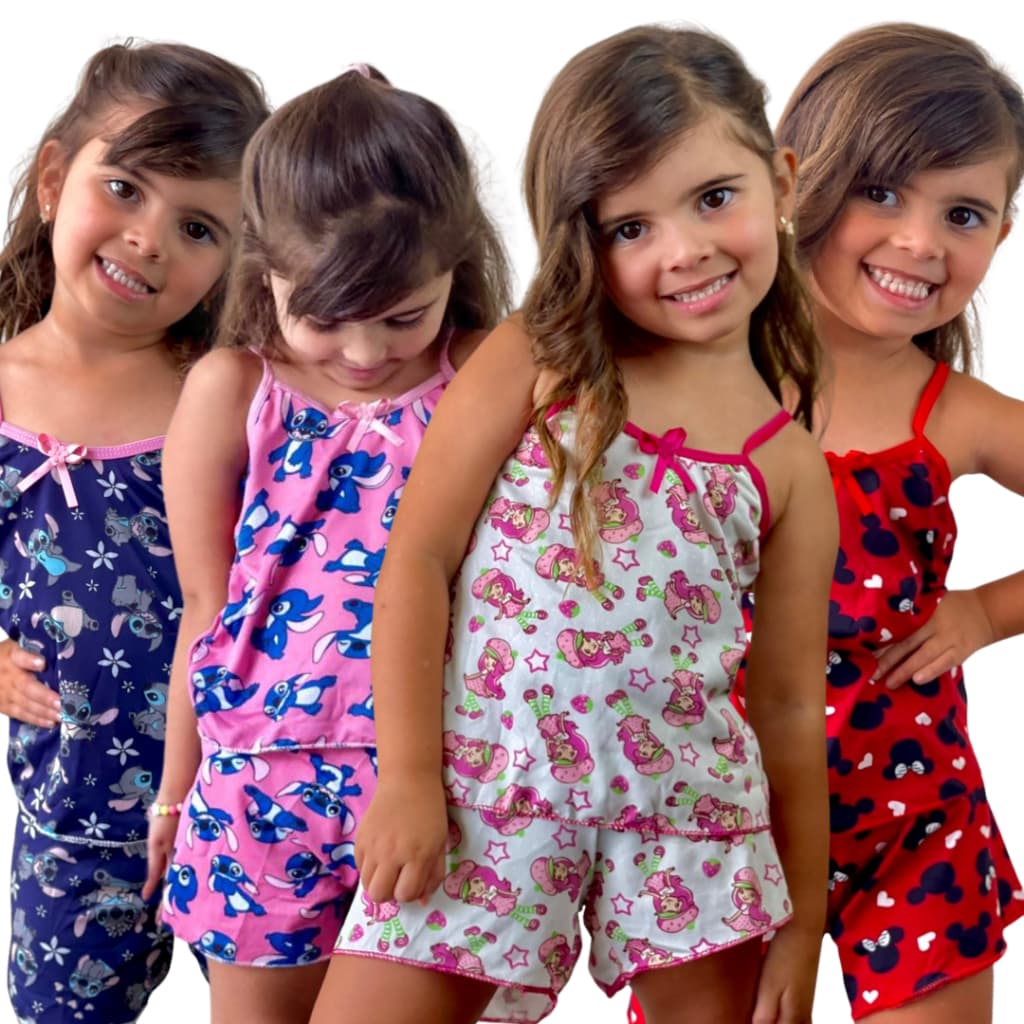 Kit 5 Pijamas Infantil Baby Doll MICRO Estampado com Short Roupa de Dormir Juvenil 4 a 14 anos Meninas