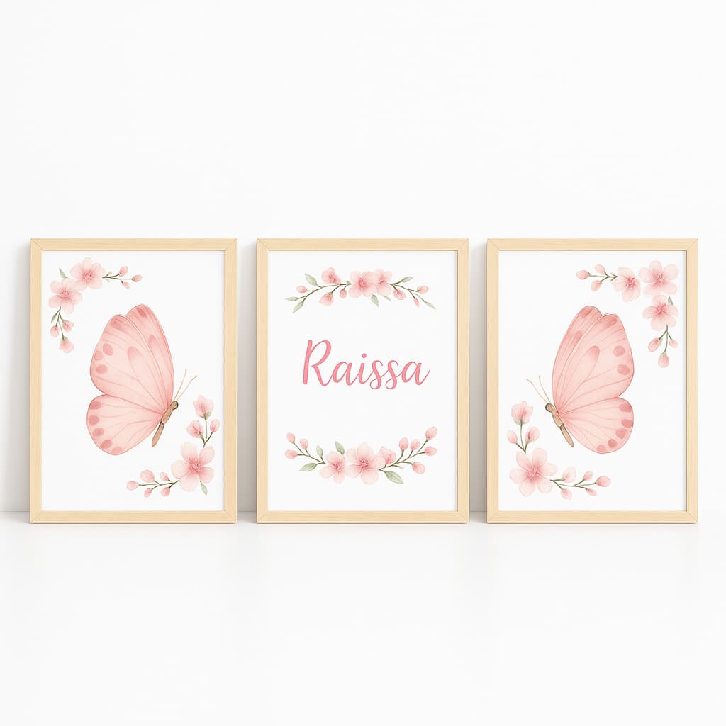 Quadros Decorativos Infantil Borboleta Rosa  Fofo Bebê Menina Flores Floral Personalizado Lindo