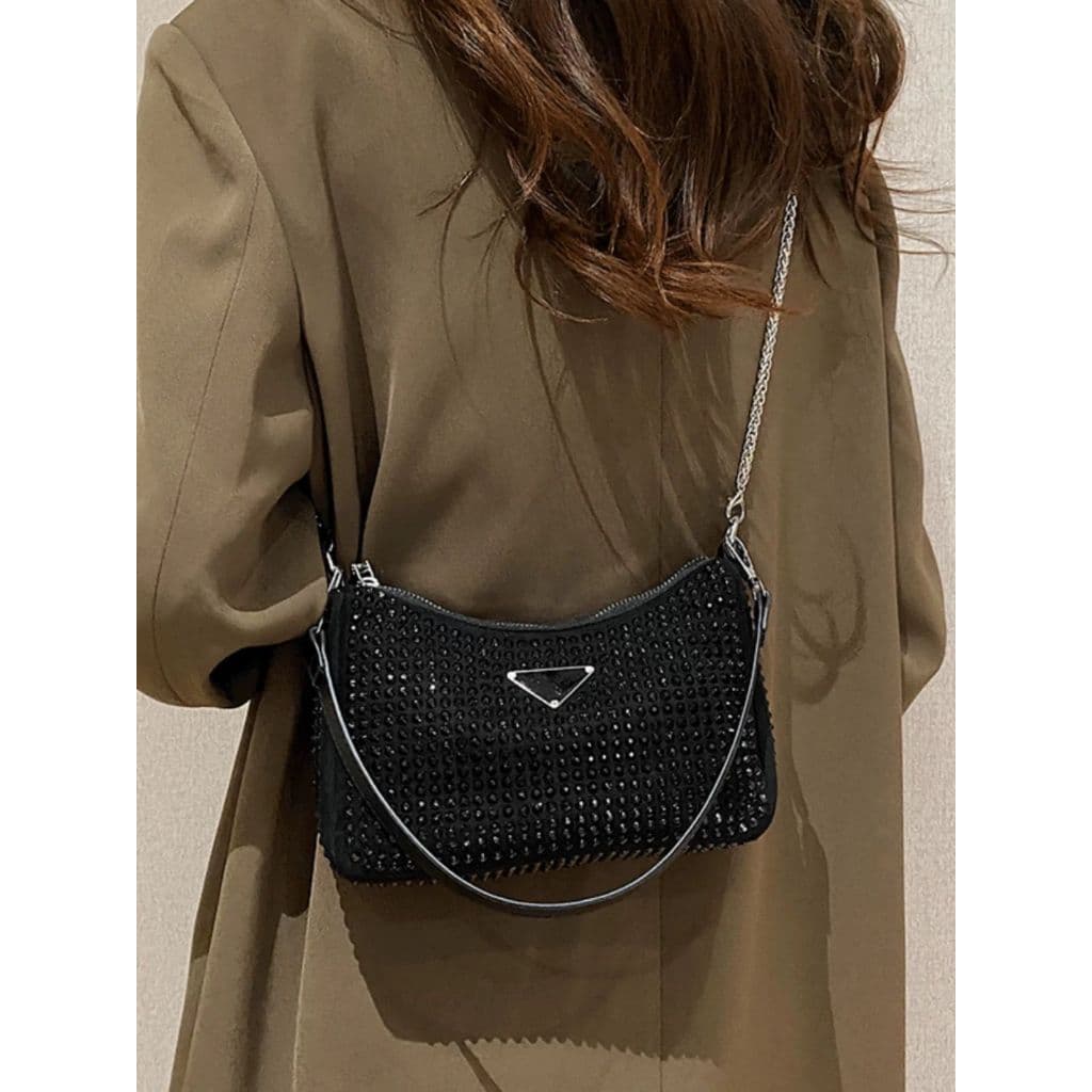 Bolsa Feminina Pequena Transversal Alça de Corrente Prata Brilho Cristais Strass#7792