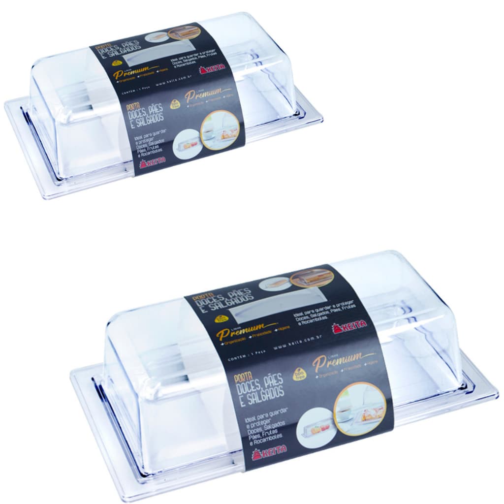 Porta Pão Doce De Acrílico Retangular Com Tampa Cristal Premium