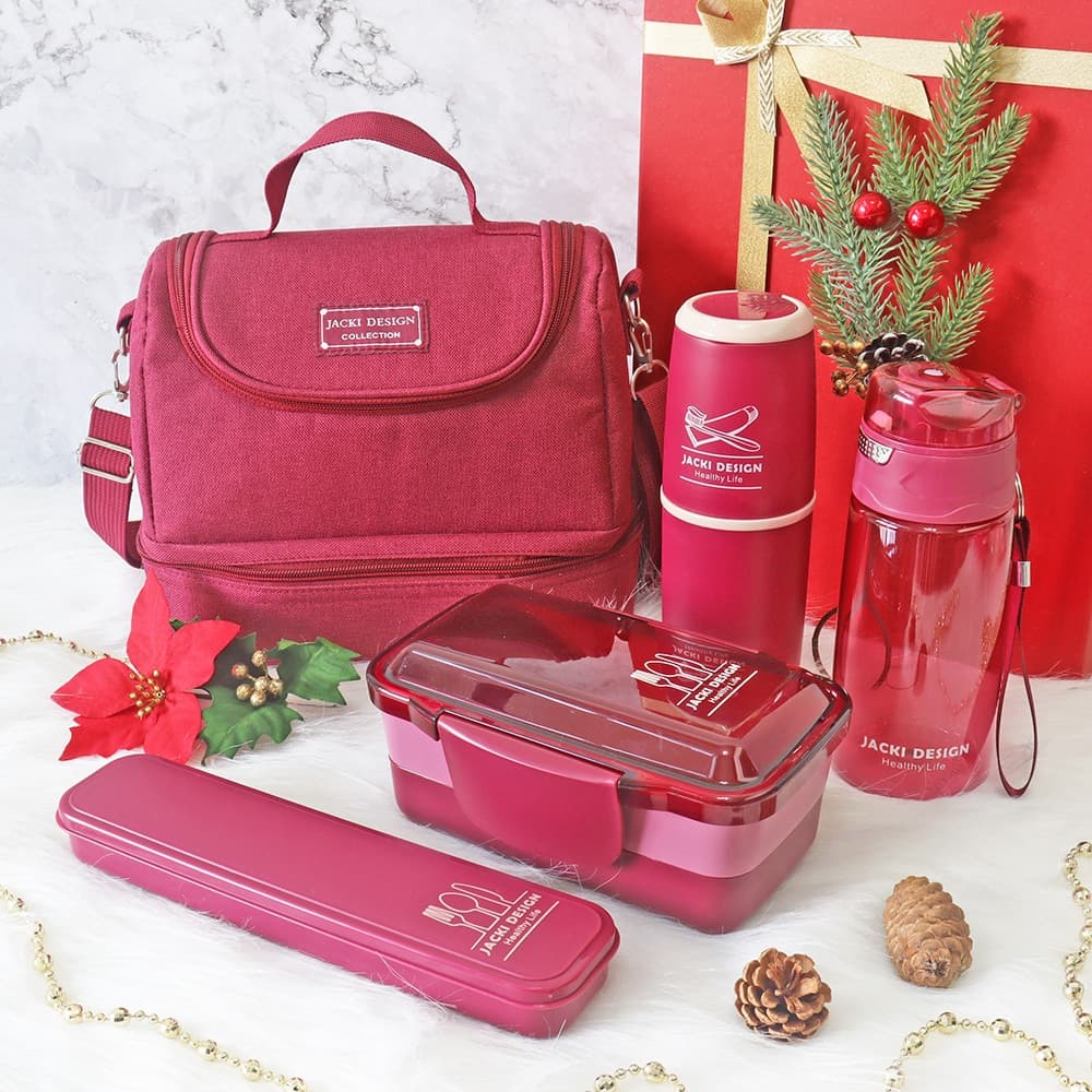 Kit 5 Peças Bolsa Térmica Marmita Garrafa Porta Talher Rosa e Porta Escova e Pasta