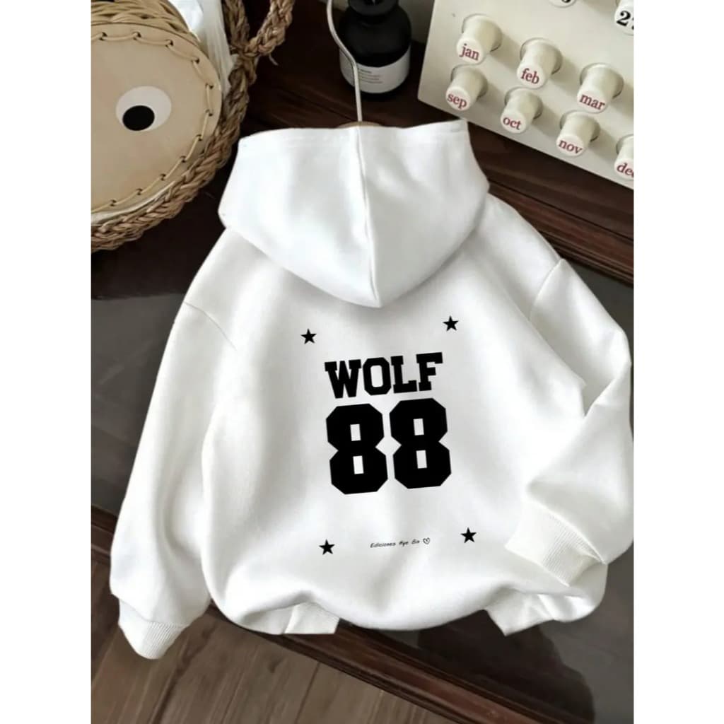 Moletom casual com capuz gráfico ``lobo 88´´ - Moletom com estampa preta, capuz com cordão, mangas compridas e bolso fro