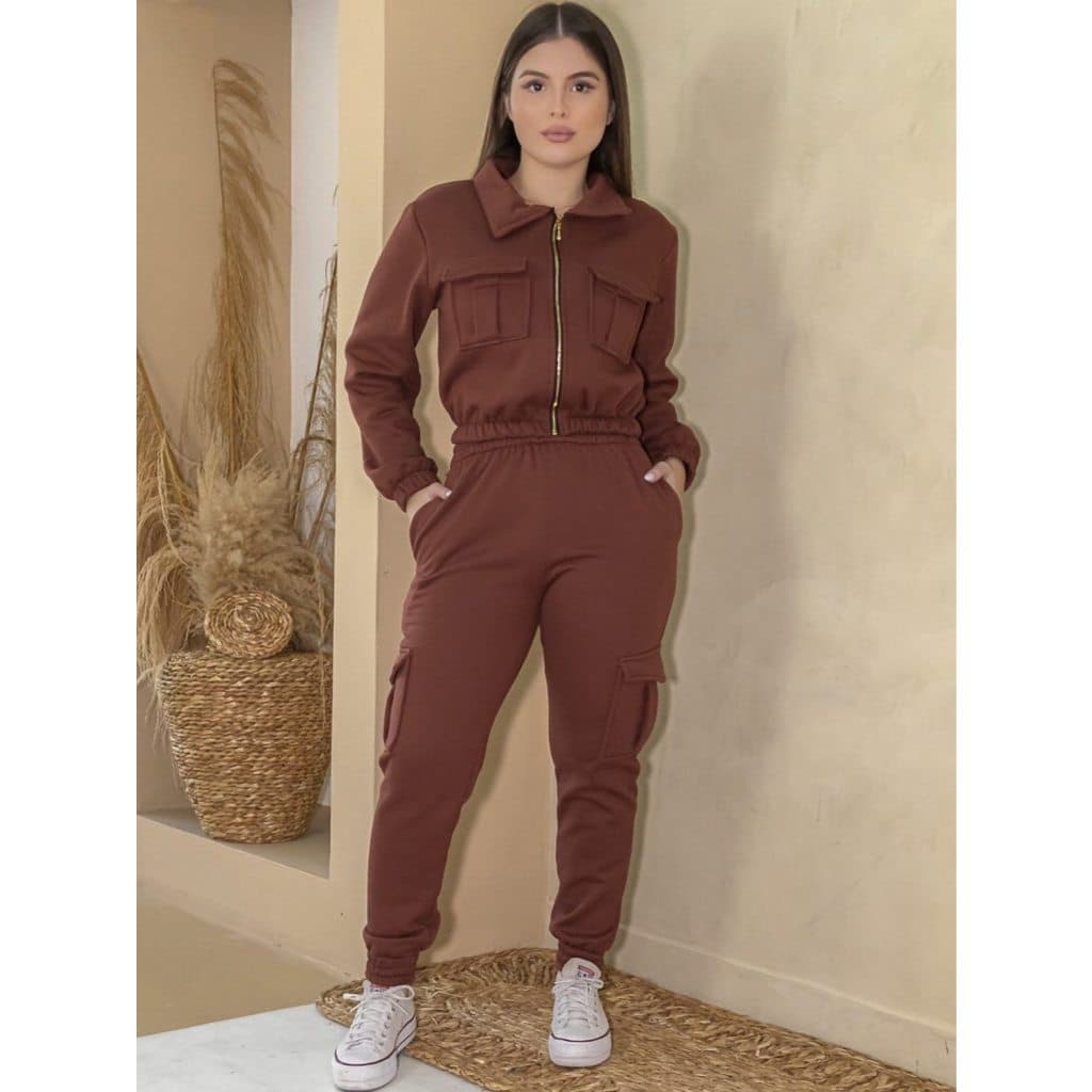 Conjunto Moletom casaco com zíper e calça cargo bolsos laterais premium, feminino inverno frio blusa manga longa jogger