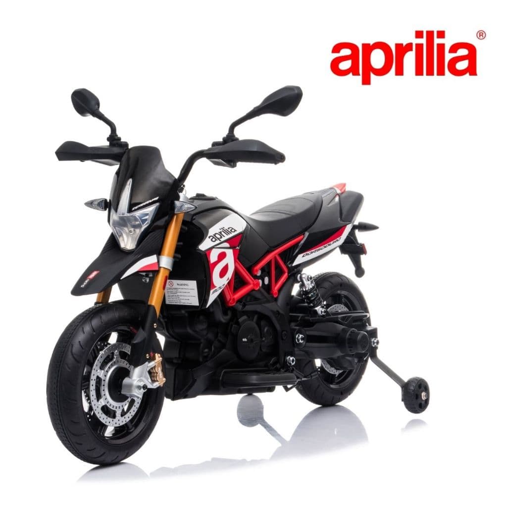 Mini Moto Elétrica Infantil Vermelha Aprilia Dorsoduro 900 Som com USB e MP3 Bateria Recarregável 12V Roda de Apoio Remo