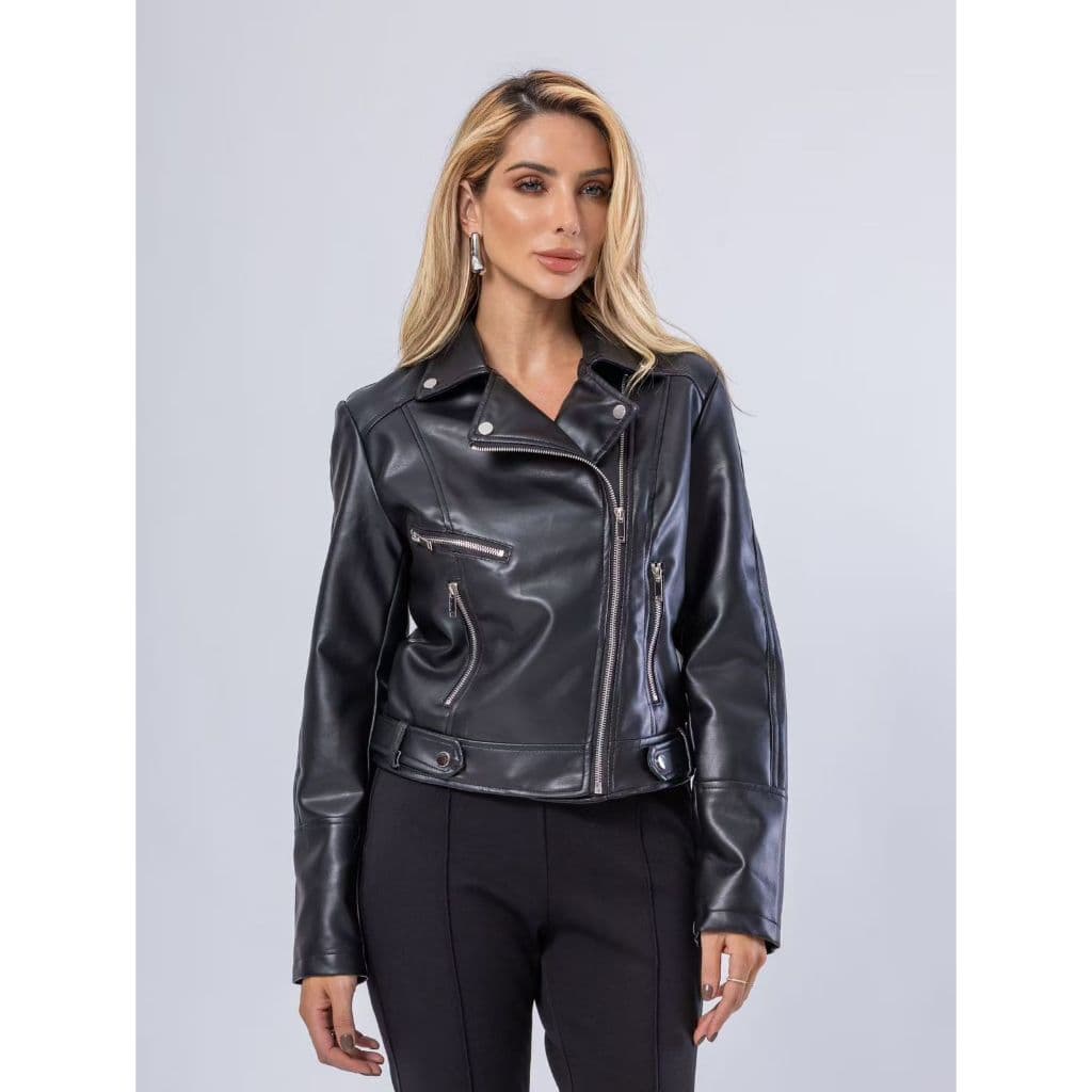 Jaqueta de Couro Feminina Casual Preta Elegante Slim Moderna Moda Luxo