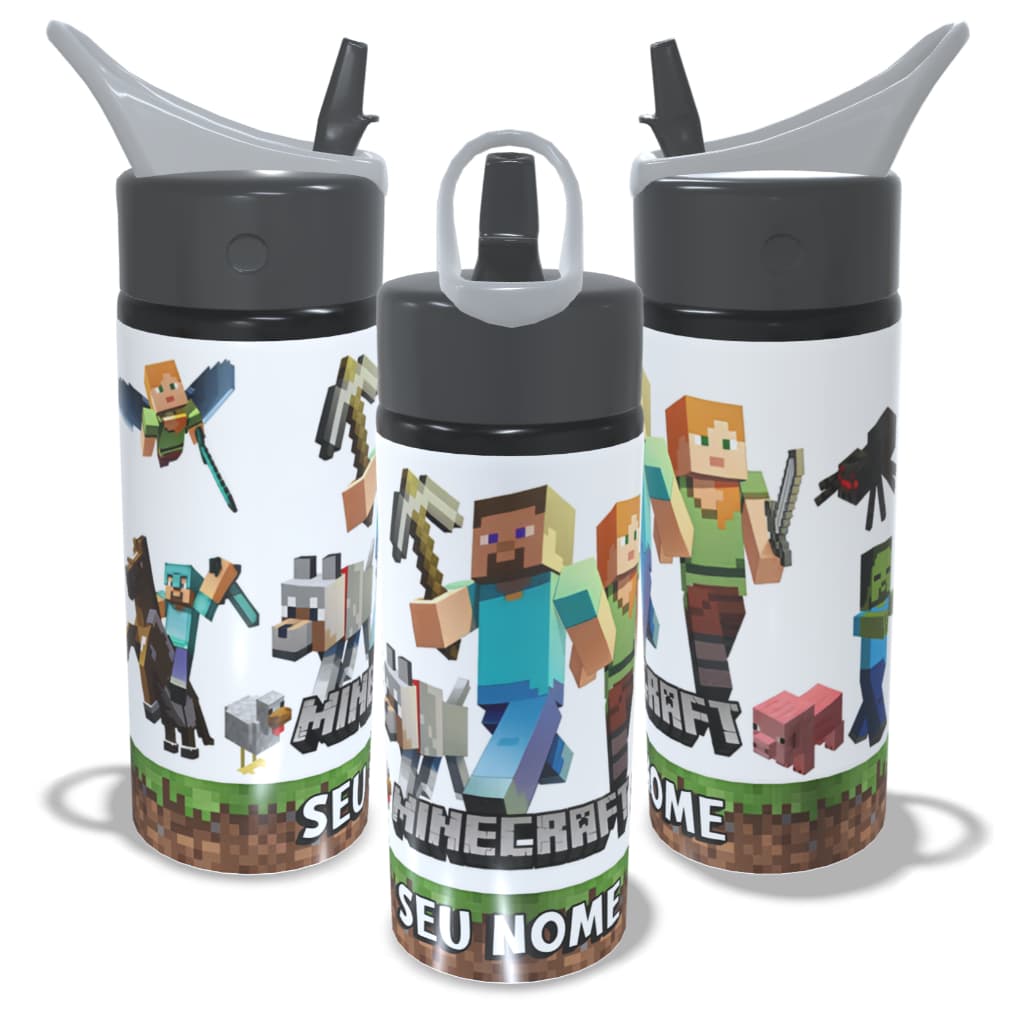 Garrafa Infantil De Alumínio Minecraft Personalizada COM NOME 600ml