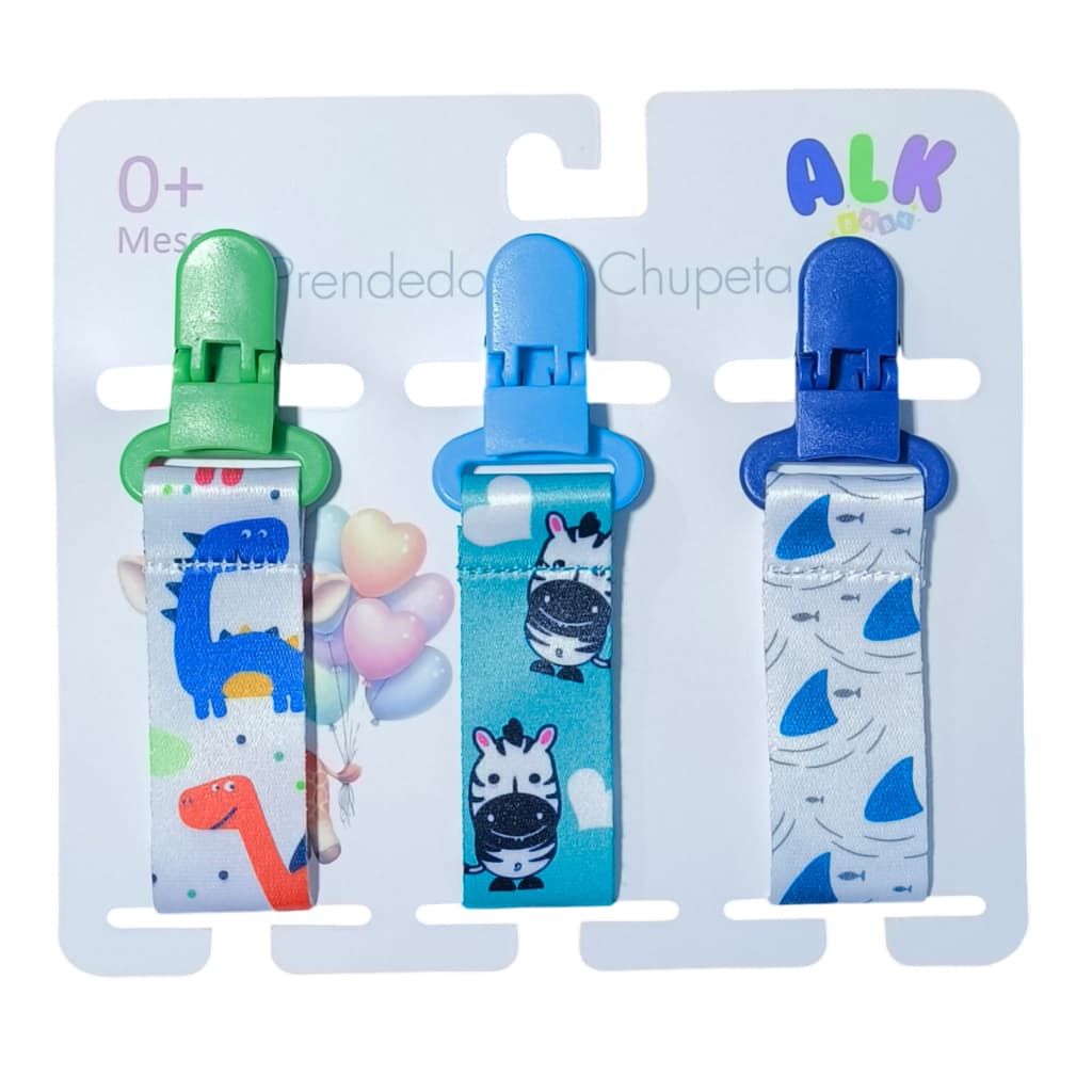 kit 3 prendedores de chupeta cordão bico bebê menino Zebra Dinossauro e Tubarão