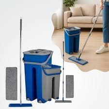 Rodo Flat Mop E Balde Lava E Seca Com 2 Refil Sortido PP Aço Inox Microfibra 5 Litros Azul Cinza