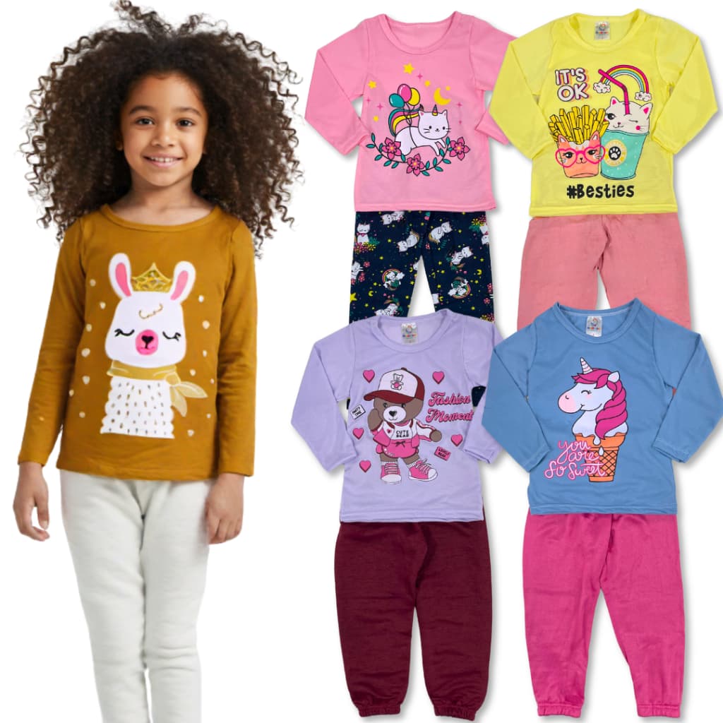 Kit 06 ou 04 Peças 03 ou 02 Conjunto Menina Camiseta Manga Longa + Calça Meia Estação Inverno Roupa Frio Infantil