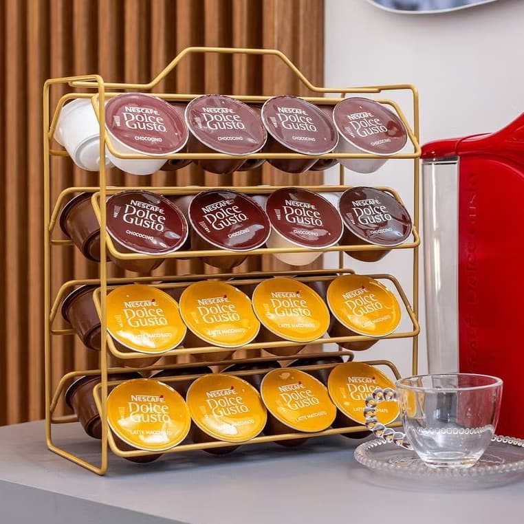 Porta 40/50 Cápsulas Café Dolce Gusto Nespresso Três Corações Suporte Aramado Organização Aço Preto Dourado