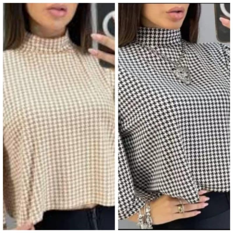 Kit 2 Blusa Cropped Manga Flare Gola Alta TAMANHO ÚNICO