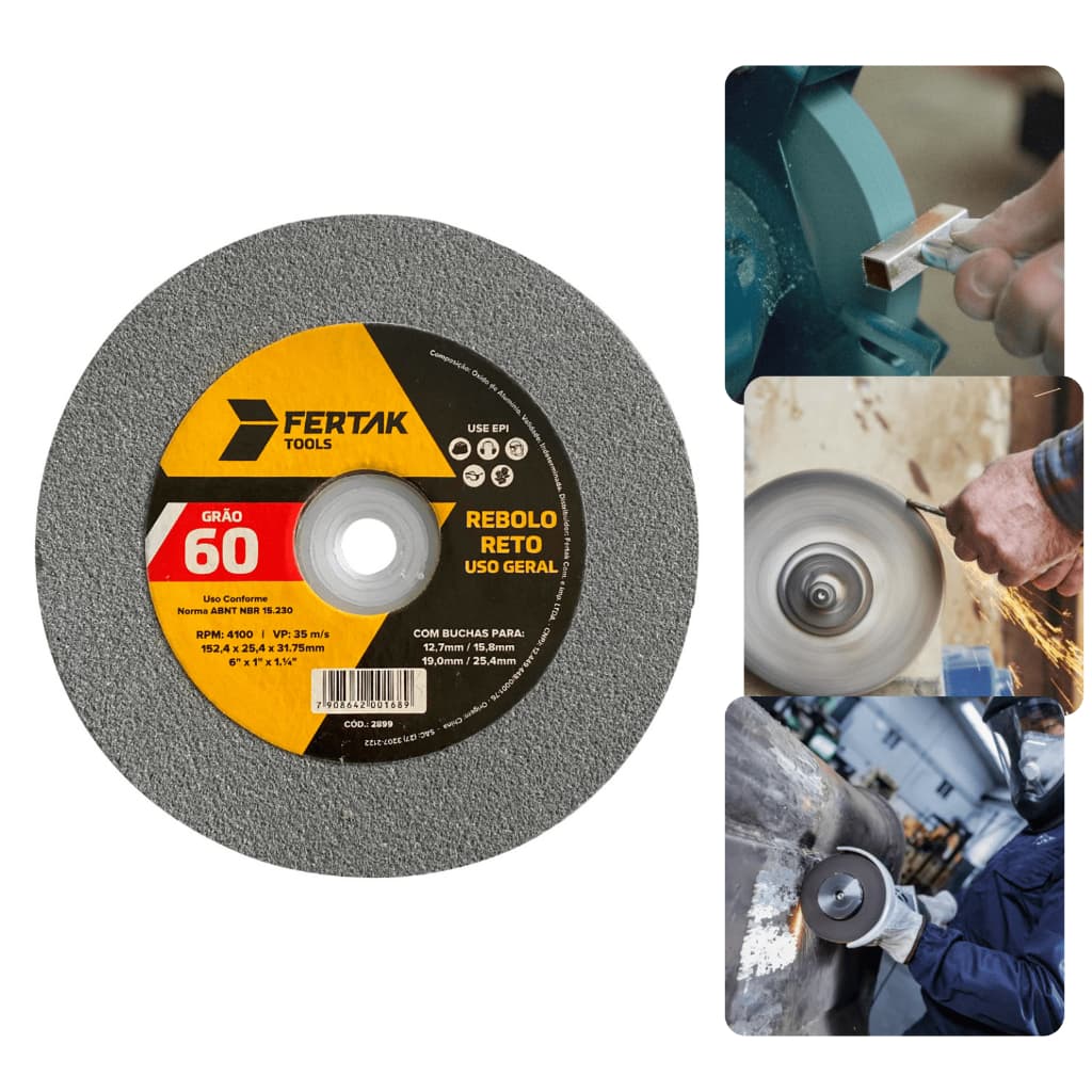 Rebolo Reto Grão 60 6"x3/4" Desbaste Rebarbação Afiação Fertak