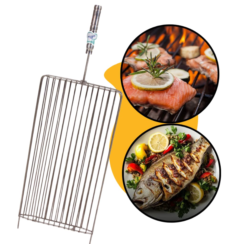 Grelha Peixe e Churrasco Em Aço Inox Dupla 25Lx 40C Cabo Madeira Revestido em Alumínio Premium