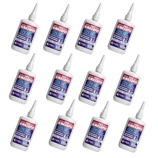 Caixa 12 Colas Instantânea Almasuper Gel 100g Secagem Rápida Adesiva Alta Viscosidade Não Escorre