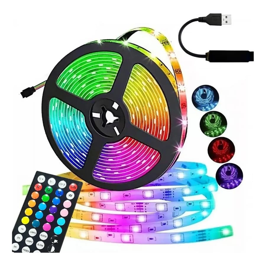 Fita LED RGB 5050 USB 5 Metros Controle Remoto Ritmo Musical Som 20W Decoração Casa Móveis TV