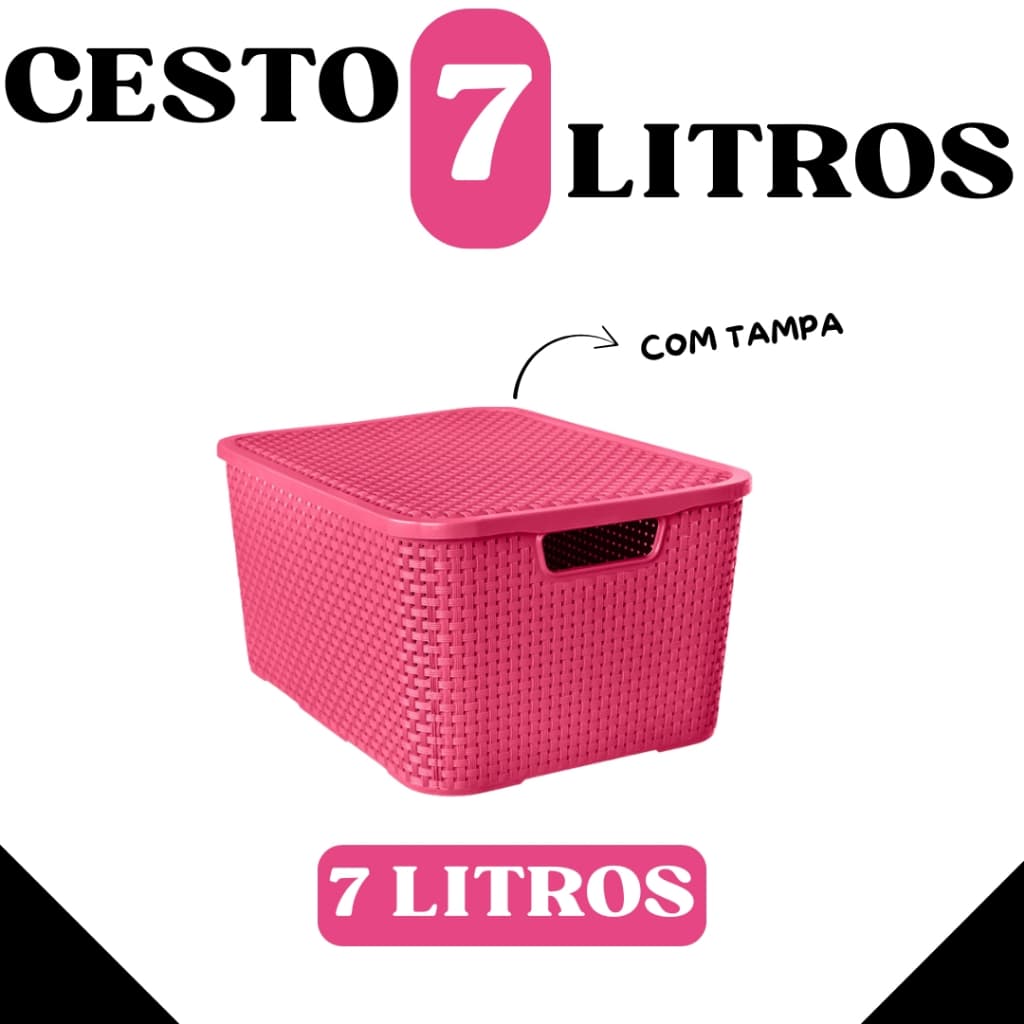 Cesto de Rattan Rosa com Tampa - 7 Litros (Unitário e Kit com 4) 🌸 - TOY 25589