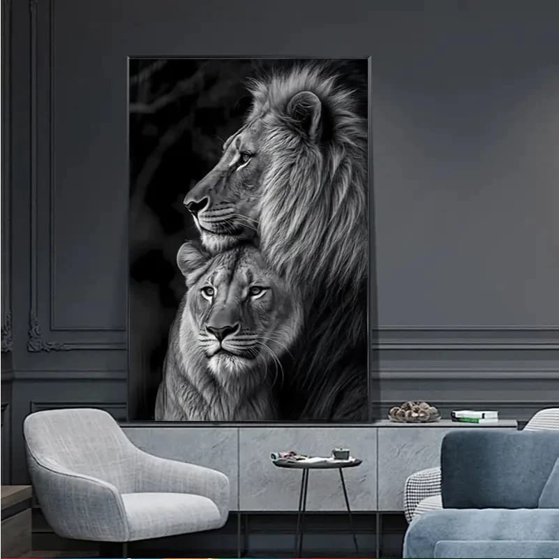 Quadro decorativo Leão e Leoa em 1 peça - Estilo Moderno para Sala e Quarto - Vários tamanhos