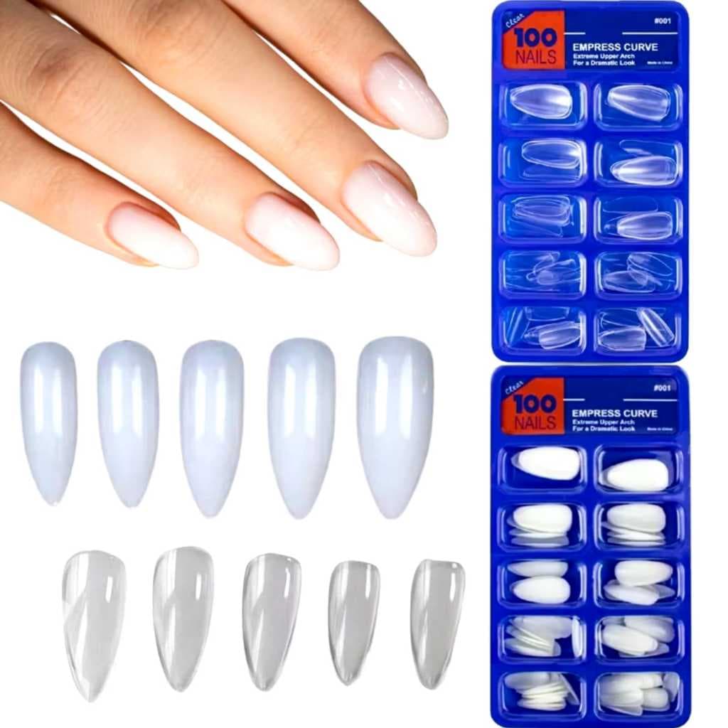 Kit 2 com 200 Unhas Postiças Formato Amendoado Branco ou Transparente Ideal para Acrigel, Gel, Porcelana