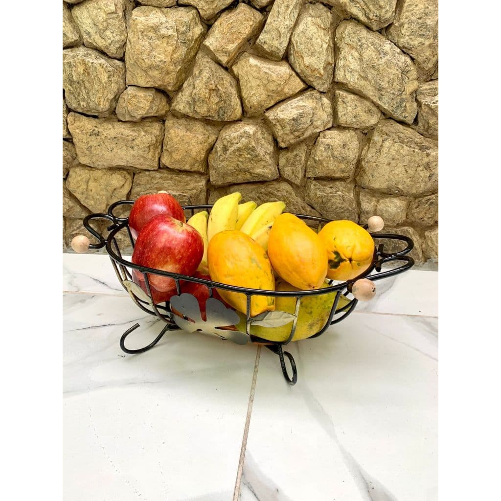Fruteira Mesa Oval Flor Artesanal Rústica Em Ferro e Madeira