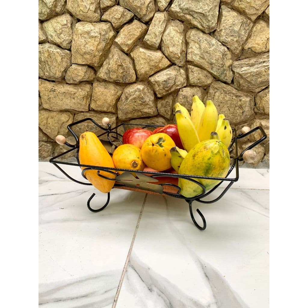 Fruteira Mesa Quadrada Flor Artesanal Rústica Em Ferro e Madeira