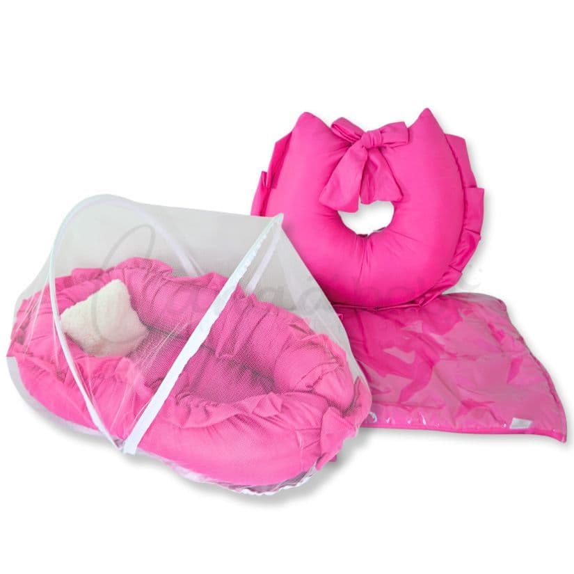 Kit Ninho c/ Mosquiteiro + Almofada Amamentação + Trocador de Fraldas - Liso com Babado