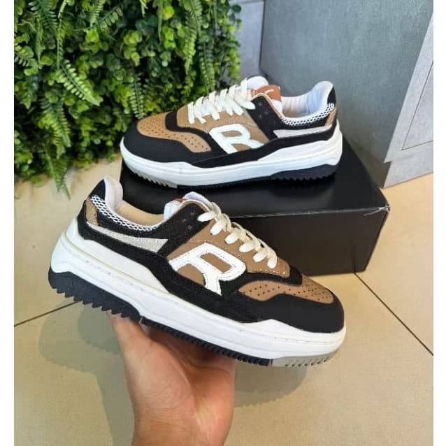 Tênis Rs Shoes Couro legítimo Confortável Casual Preto Bege