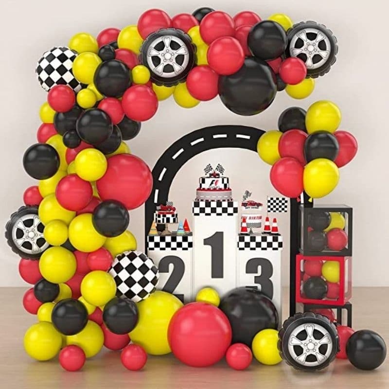 Kit 151 Balões Carros 4D Balões Pneu Arco Desconstruído Fórmula 1 Balões Corrida vermelho amarelo e preto