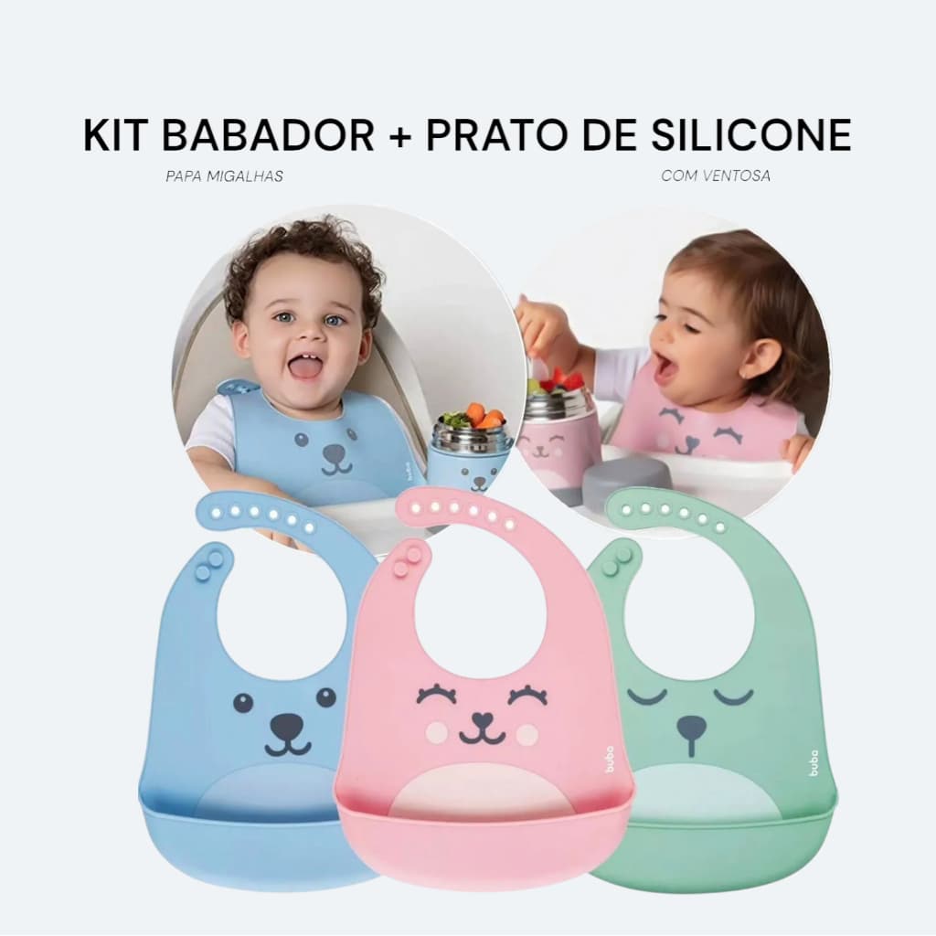 Kit 2 Peças Prato e Babador Infantil Silicone Impermeável Pratinho Bebê com Ventosa Babador Bolsinha