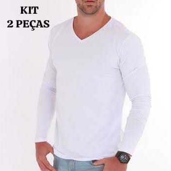 KIT 2 CAMISETAS MANGA LONGA MASCULINA GOLA V BÁSICA LISA  BLUSA 100% ALGODÃO UNISSEX
