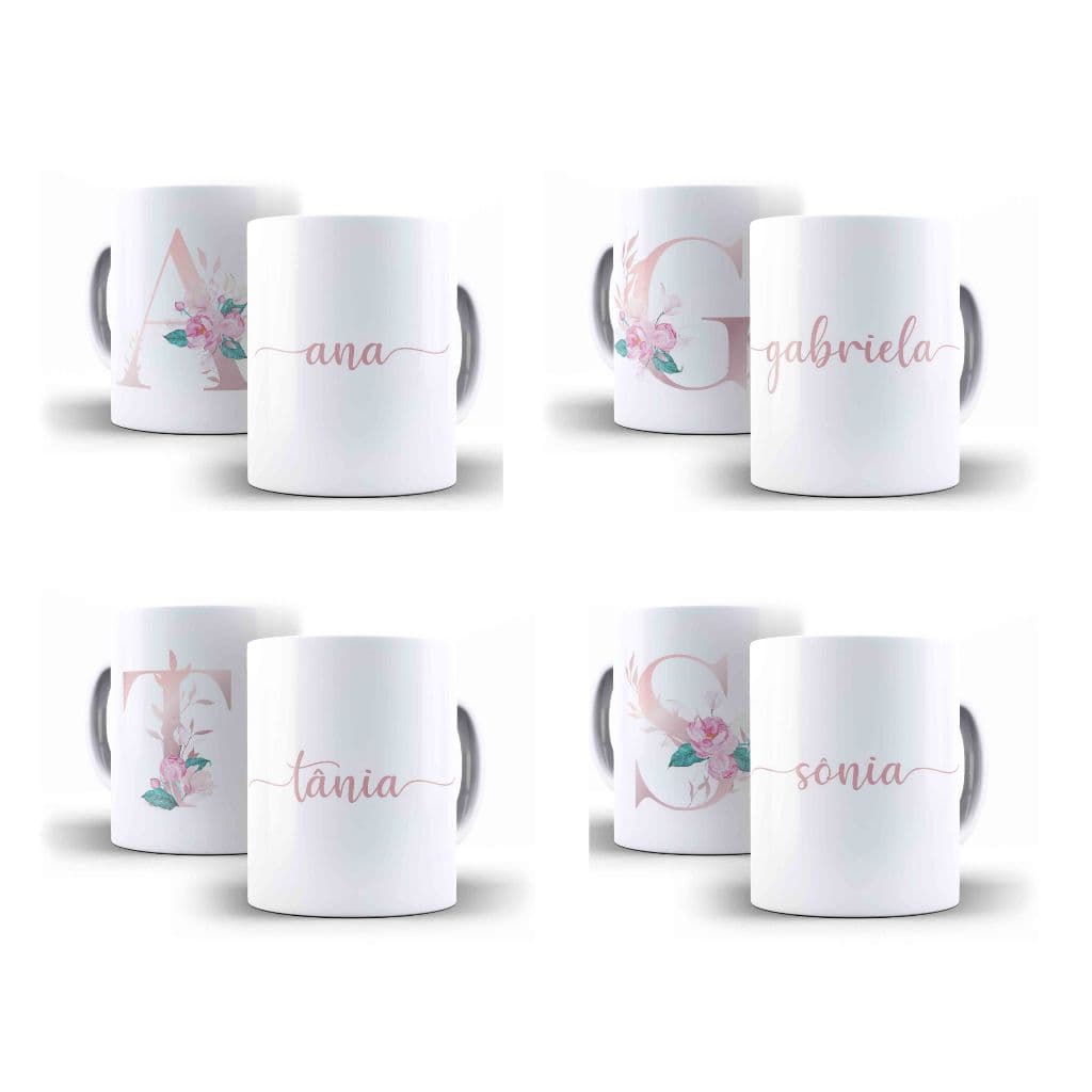 Caneca Porcelana Com Nome Alfabeto Floral com Nome