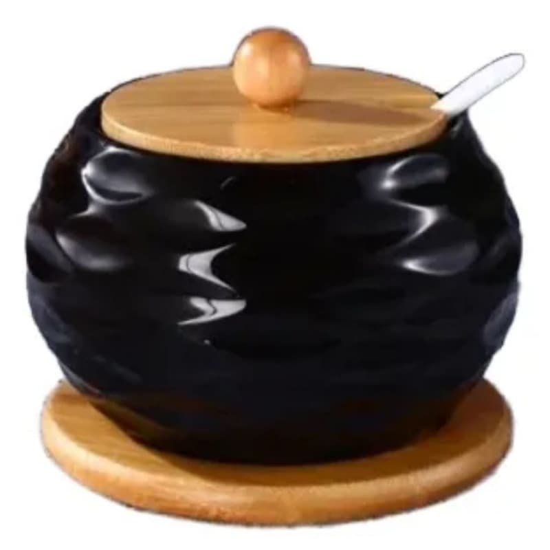Porta Temperos Preto Madeira 1 Pote Bambu Multiuso