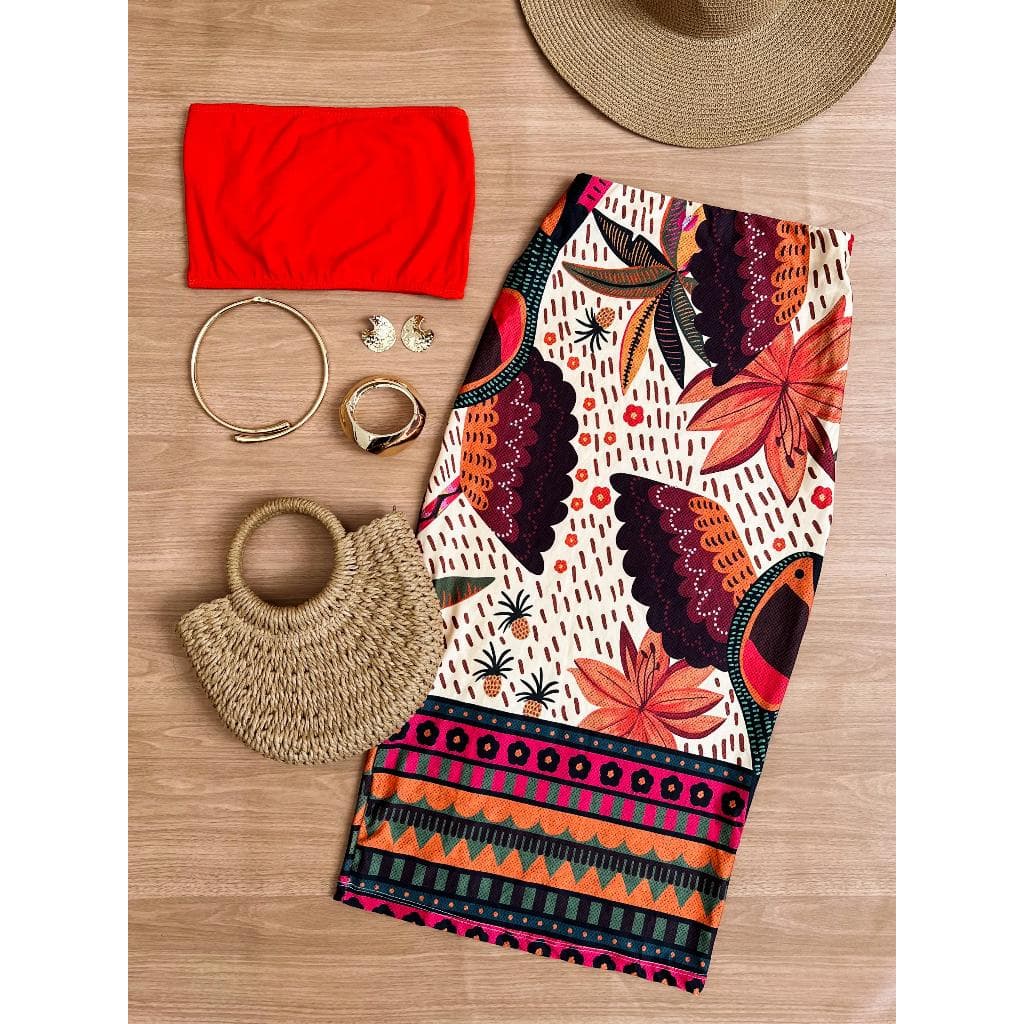 Saia Estampada Midi saia lápis Floral cintura alta Tendência Moda Blogueira