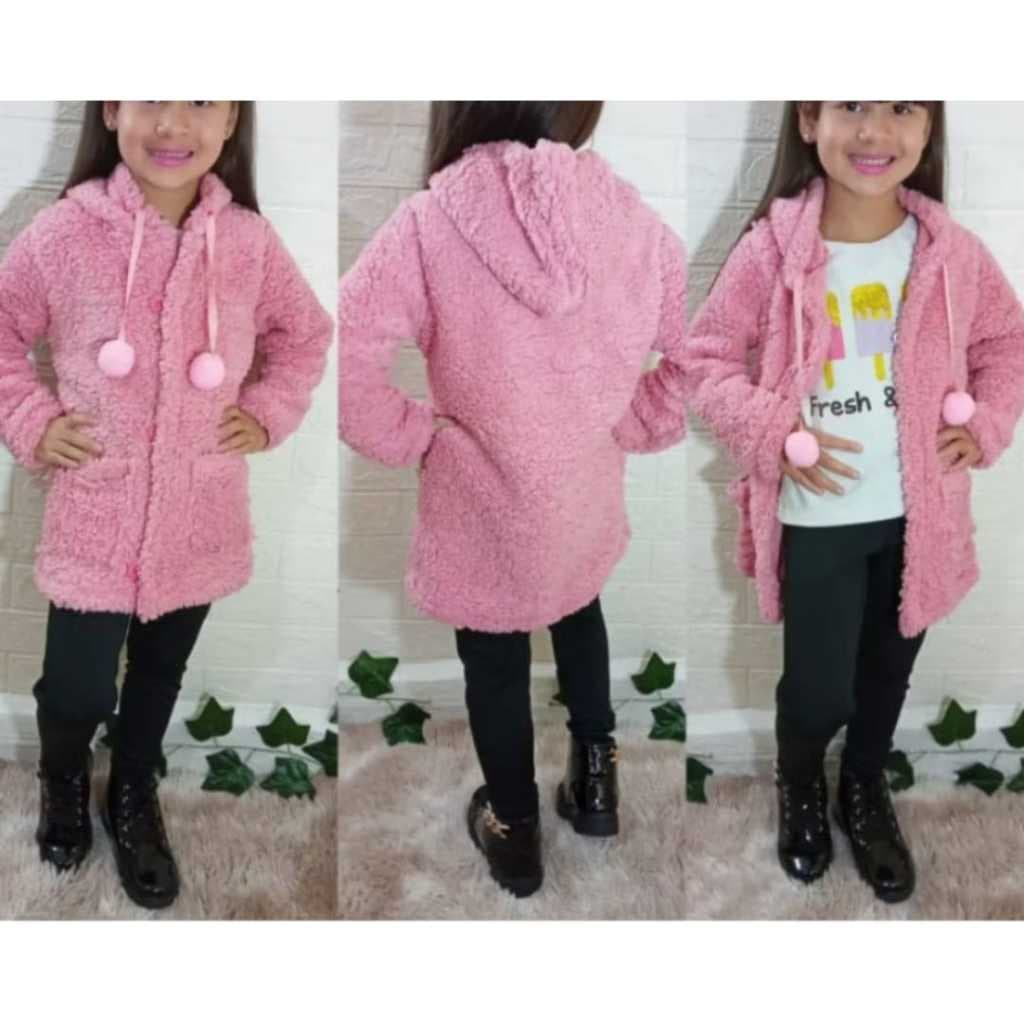 Casaco Teddy Para Meninas Quentinho Com Bolsos e Capuz Casaco De Pelinhos Com Pom Pom Roupa De Criança Tam.2 AO 16