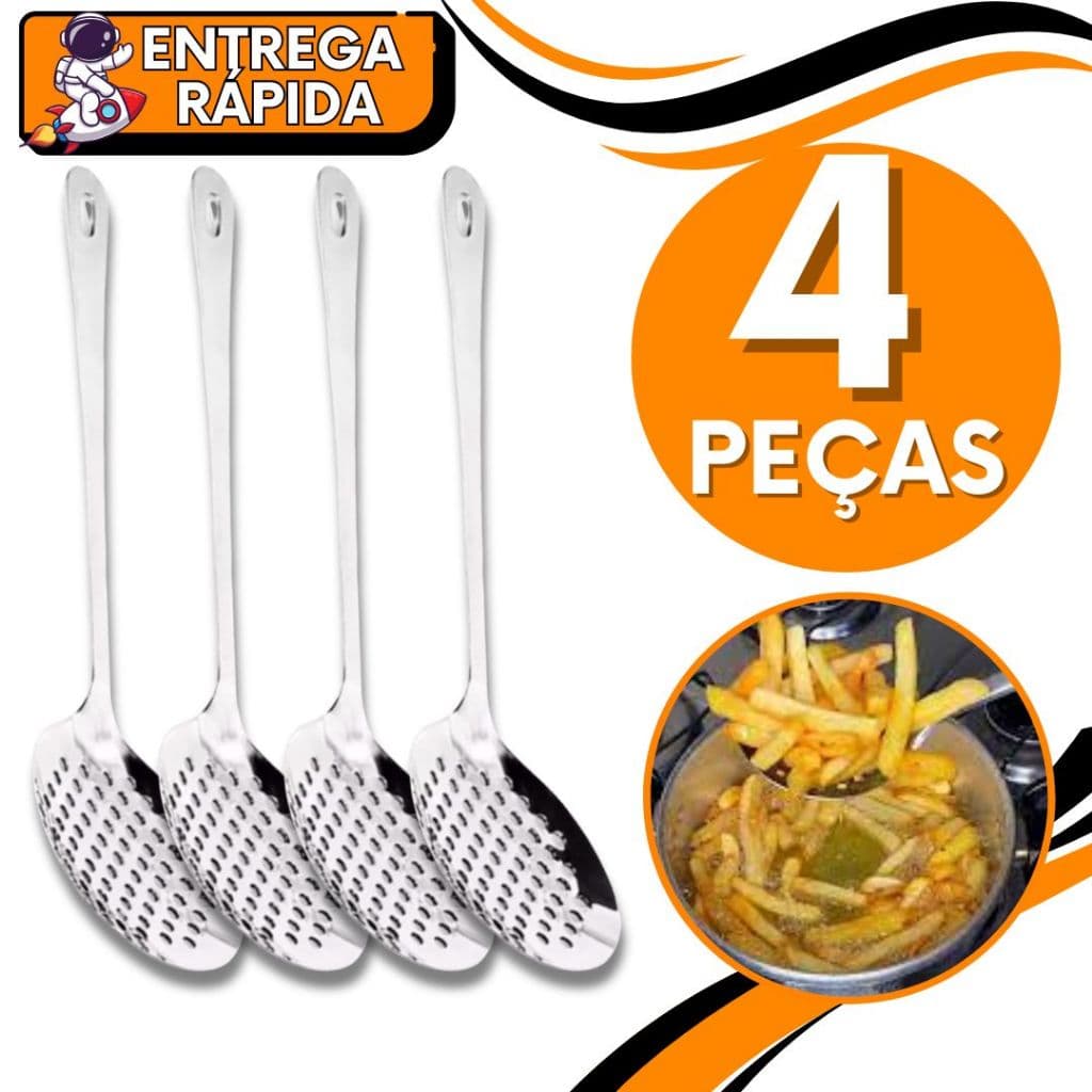 KIT 4 Escumadeira Para Arroz Massa Fritura em Aço Inox Resistente Cozinha Restaurante Churrascaria Casa