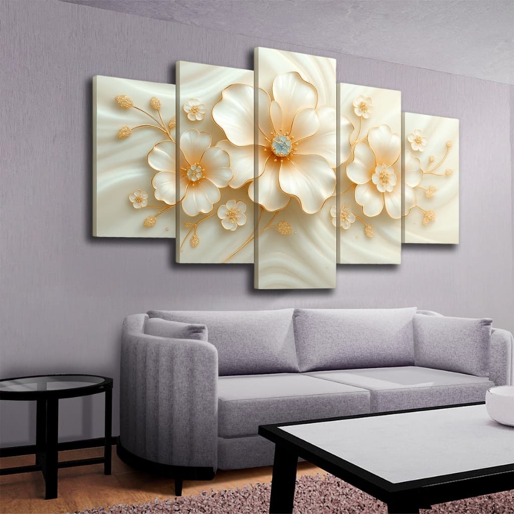 Quadros Decorativos Orquidea Branca Dourada 5 Peças Mosaico Sala Quarto Hall