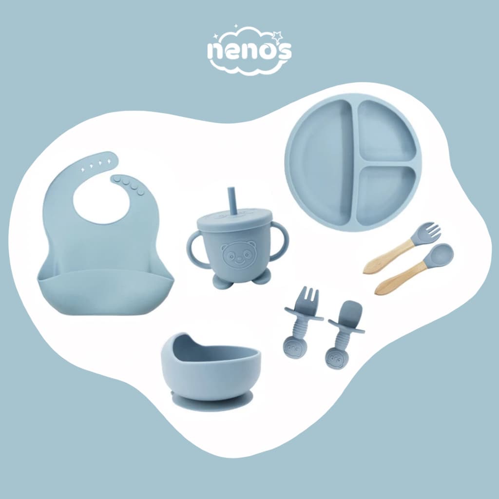 Kit Refeição Bebê Prato Babador Copo Talher Silicone, NENOS