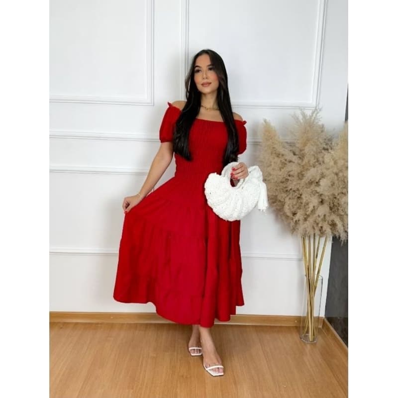 Vestido Feminino Estampado Princesa Três Marias Lastex Ombro a Ombro Moda Evangélica