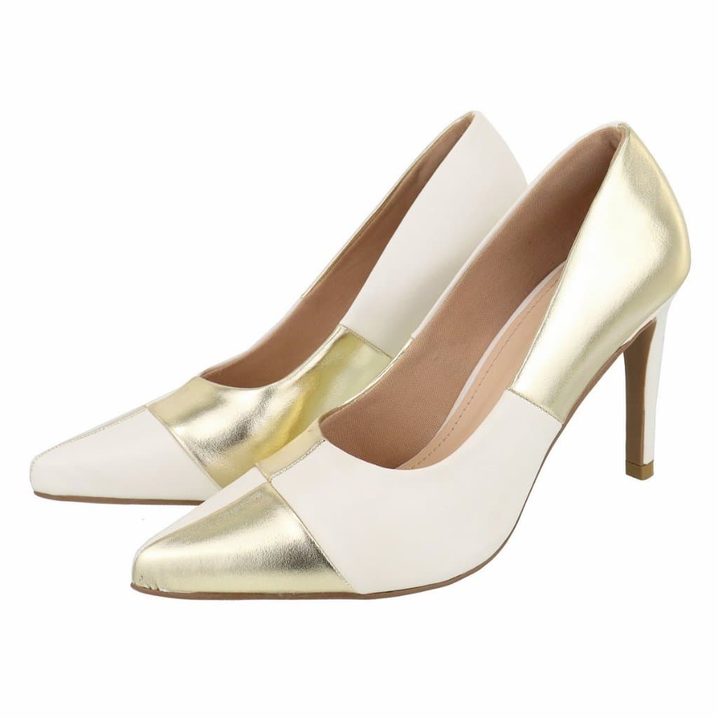 Sapato Scarpin Feminino Patrícia Salto Alto Bico Fino Off White E Ouro Light